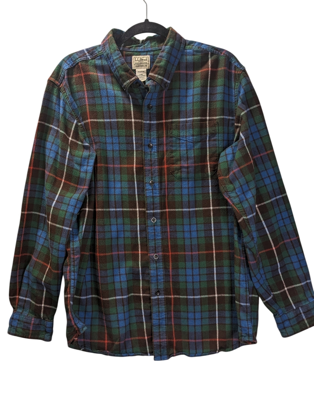 L.L. Bean Men’s Scotch Plaid Blue, Green & Black Button-Down Shirt Size L Reg